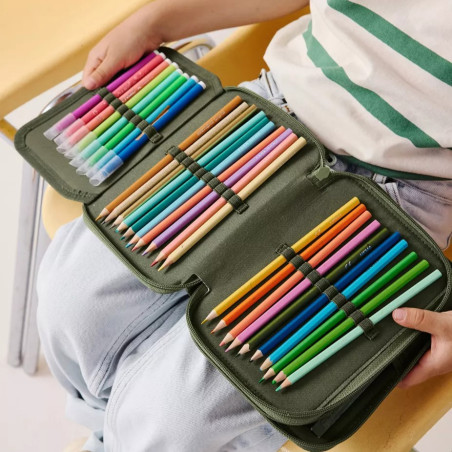 Maxi trousse à crayons pliante Madelon PETIT PICOTIN, vert olive, personnalisable