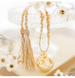 Bola de grossesse Charm Trèfle, doré à l'or fin, cordon tressé crème PLEINE LUNE