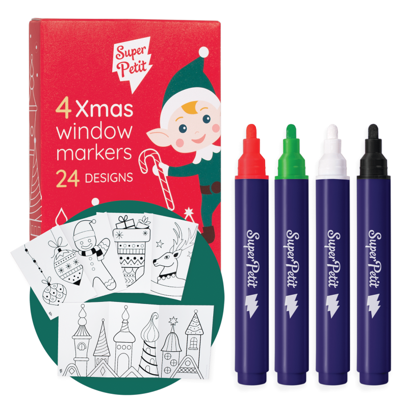 Boîte de 4 feutres effaçables pour vitres SUPER PETIT, avec 24 dessins à reproduire