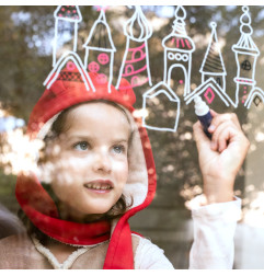Boîte de 4 feutres effaçables pour vitres SUPER PETIT, avec 24 dessins à reproduire