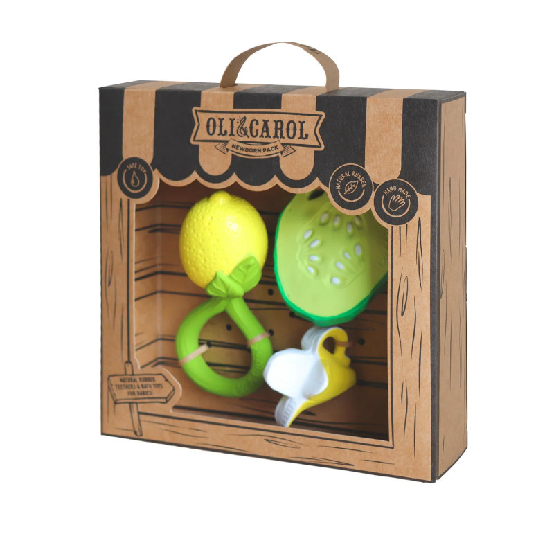 Coffret cadeau bébé Anneaux de Dentition et Hochet OLI & CAROL, Citron, Banane et Concombre