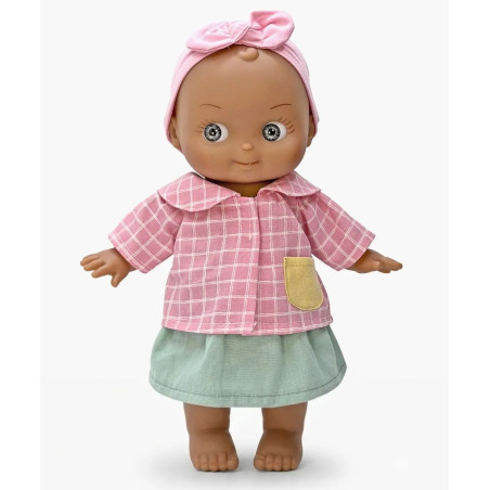 Poupée Maïa Mini Pancha MINIKANE et son ensemble d'écolière à carreaux rose et blanc