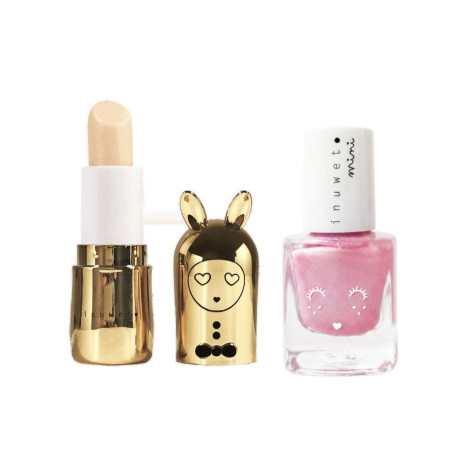 Duo baume à lèvres Cheescake et vernis à l'eau Pastèque INUWET, Or et Rose clair