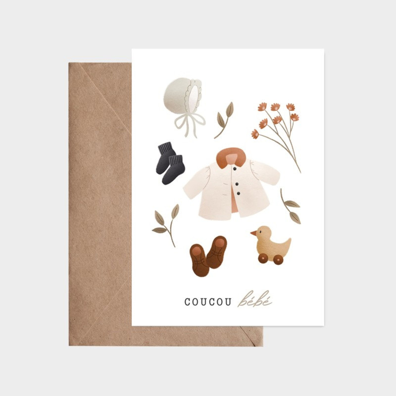 Carte Vestiaire Bébé Vert et son enveloppe kraft ATELIER ORANGER