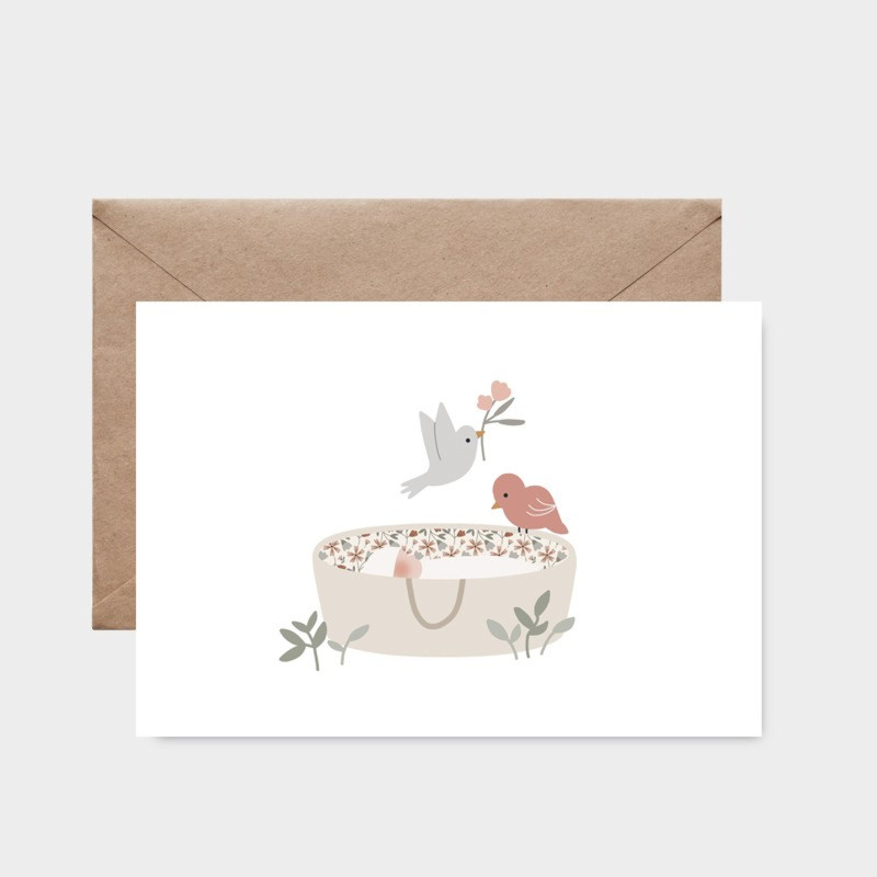 Carte Sur Mon Berceau Rose et son enveloppe kraft ATELIER ORANGER