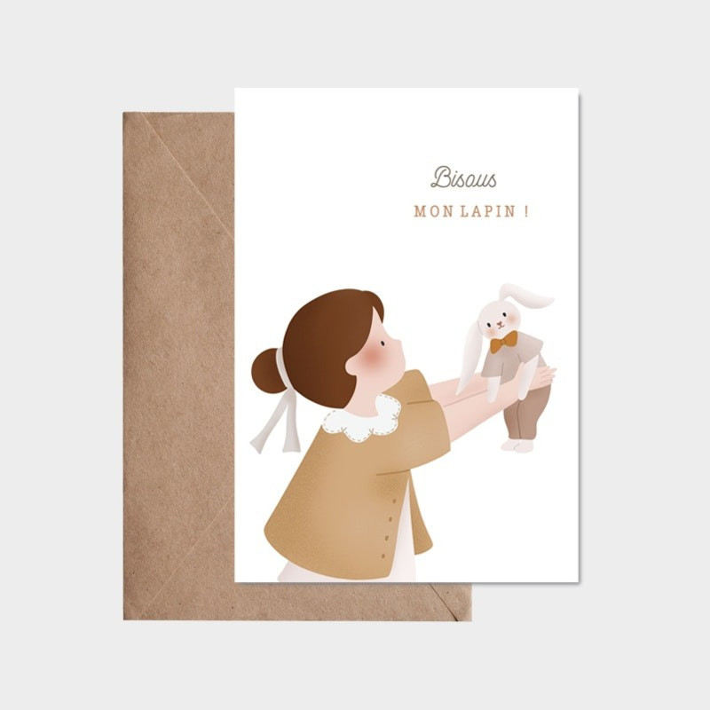 Carte Bisou mon Lapin et son enveloppe kraft ATELIER ORANGER