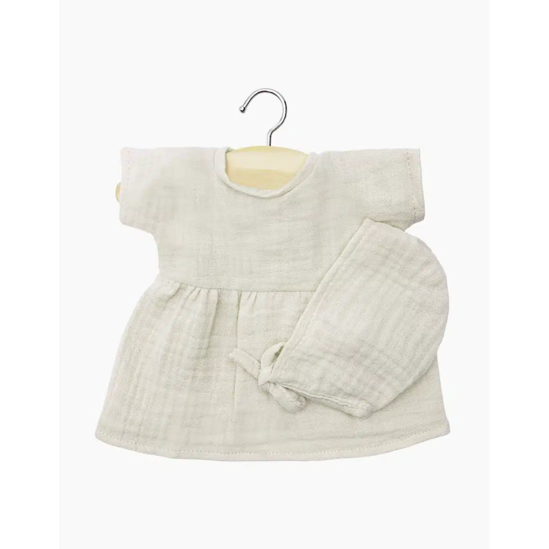 Robe Faustine et béguin poupée Babies MINIKANE, grège