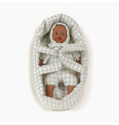 Mini poupon Pio MINIKANE et son couffin, Vichy vert de gris