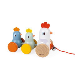 Poule et Poussins en bois à promener JANOD