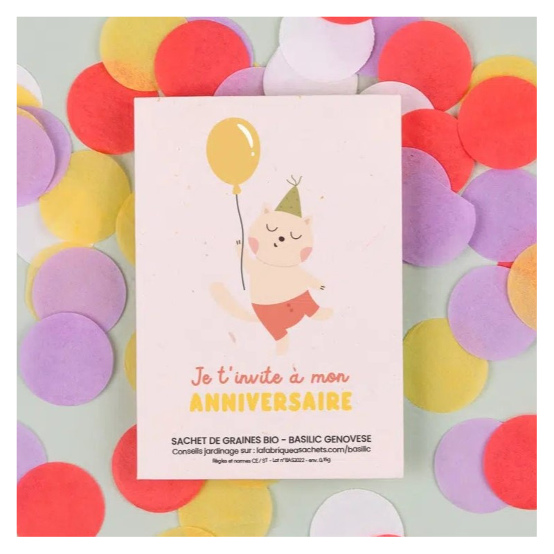 Sachet de graines Invitation Anniversaire Chat (Basilic) LA FABRIQUE A SACHETS