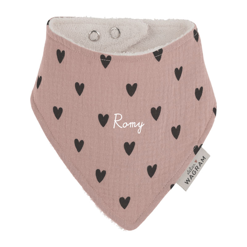 Bavoir bandana ATELIER WAGRAM, gaze Cœurs rose, personnalisable
