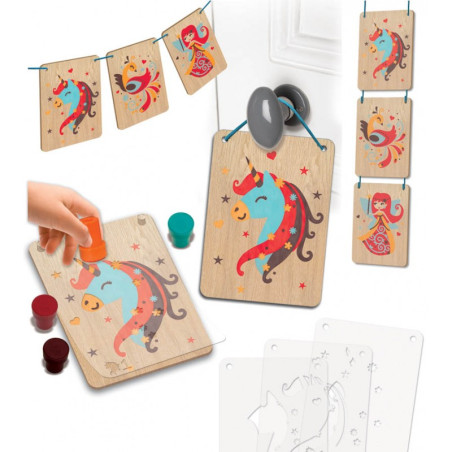 Tampographie et pochoirs sur bois Personnages Enchantés CREA LIGN