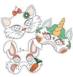 Pack de 3 masques coloriables à l'infini LES DROLES DE BOUILLES, Licorne, Chat et Lapin