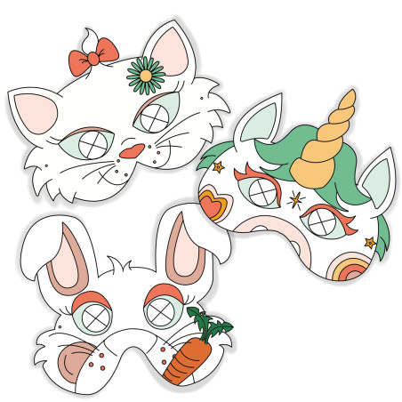 Pack de 3 masques coloriables à l'infini LES DROLES DE BOUILLES, Licorne, Chat et Lapin